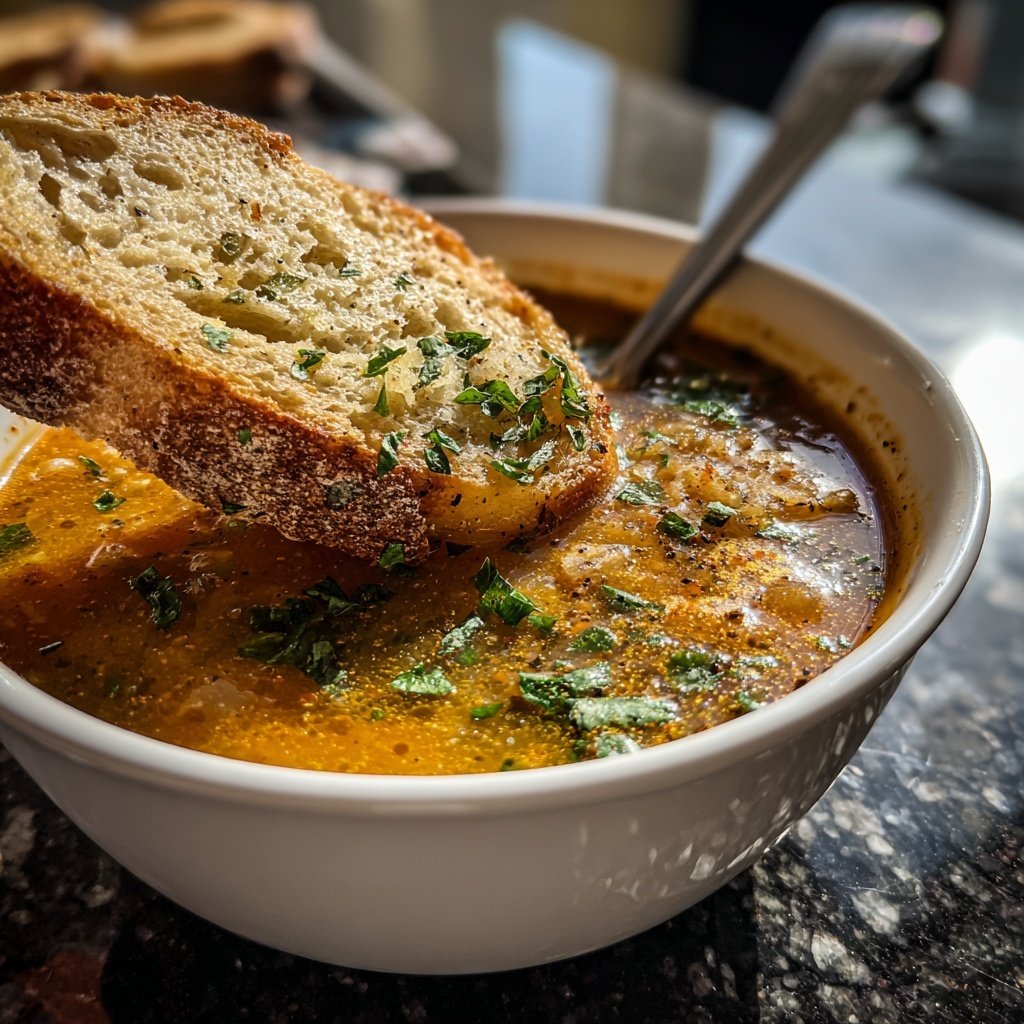 Abendessen mit Suppe und Brot