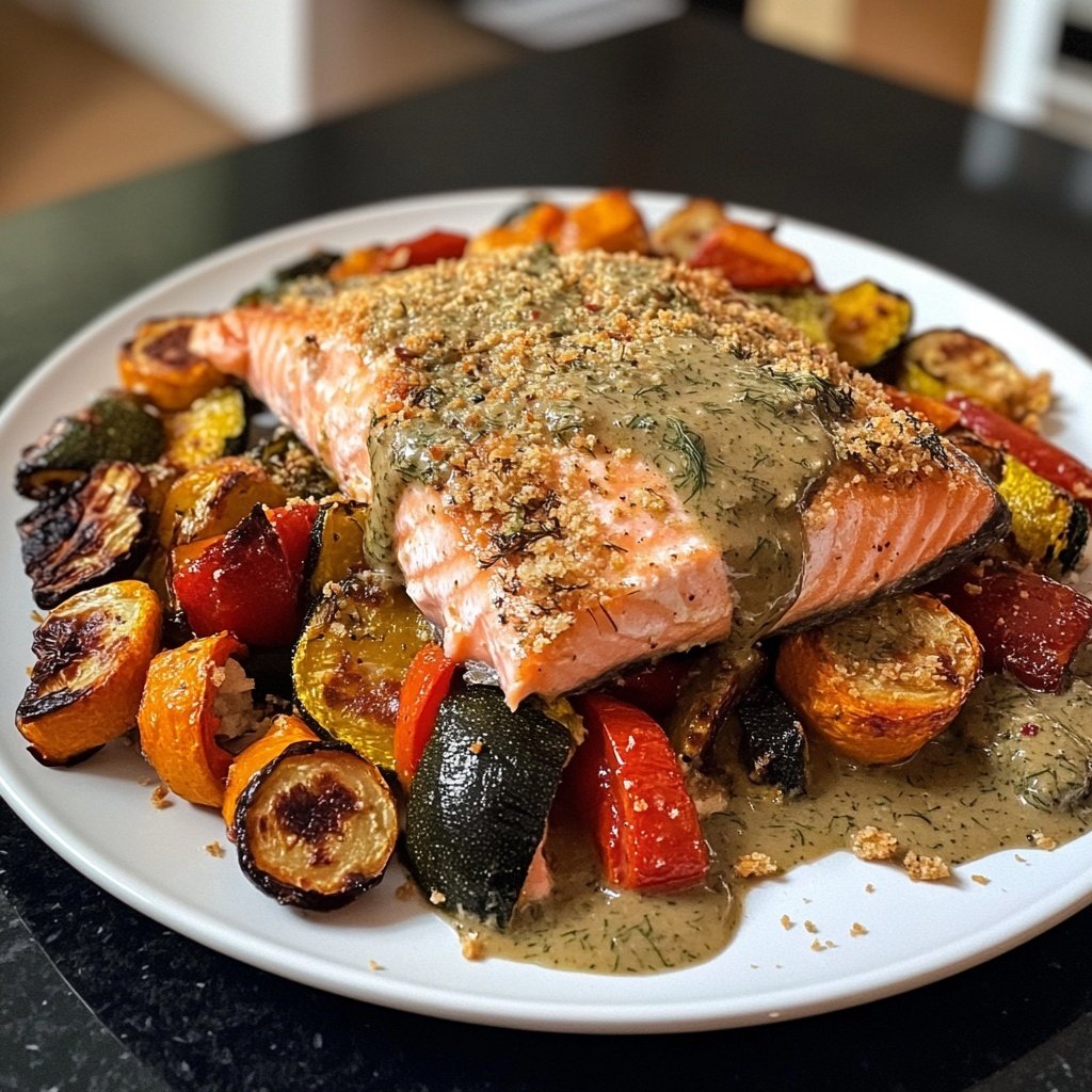 Lachs mit Ofengemüse & Zitronen-Dill-Sauce