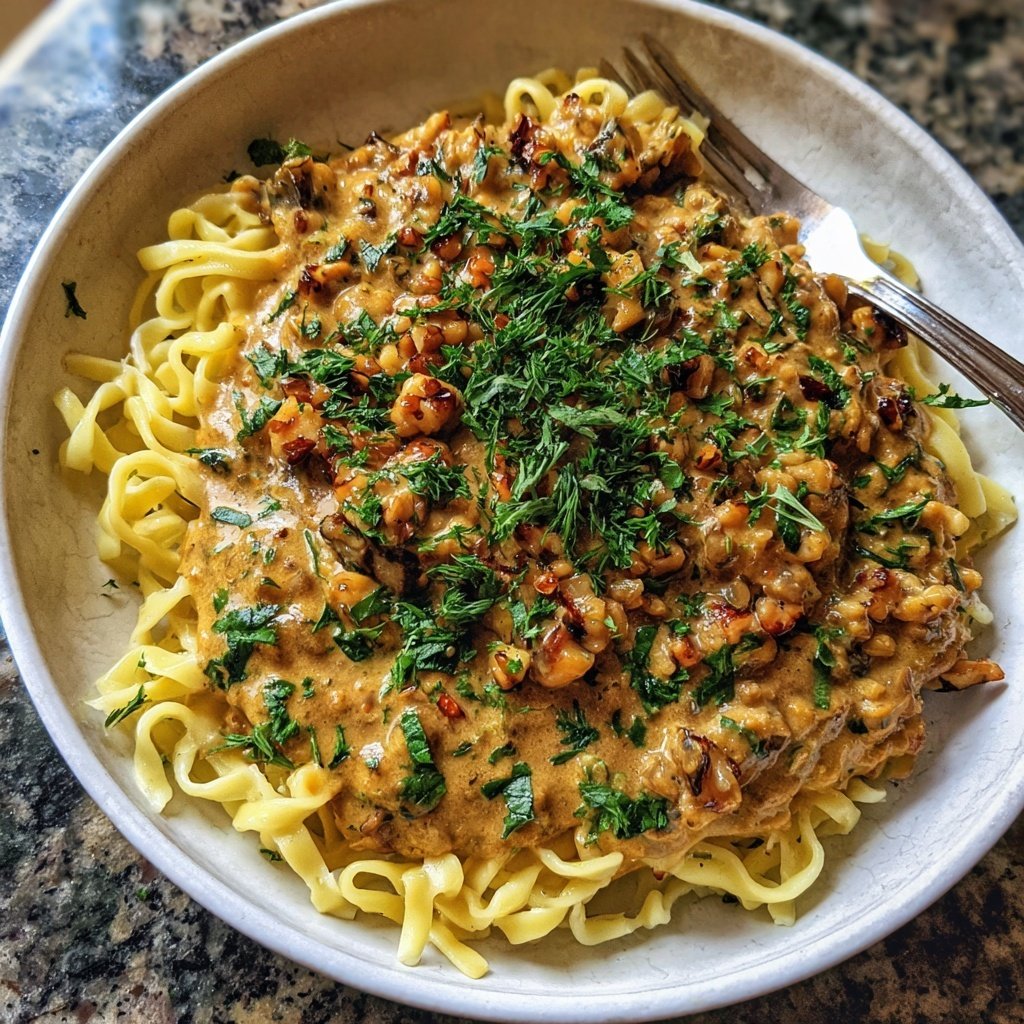 Walnuss-Linsen-Sauce mit Pasta