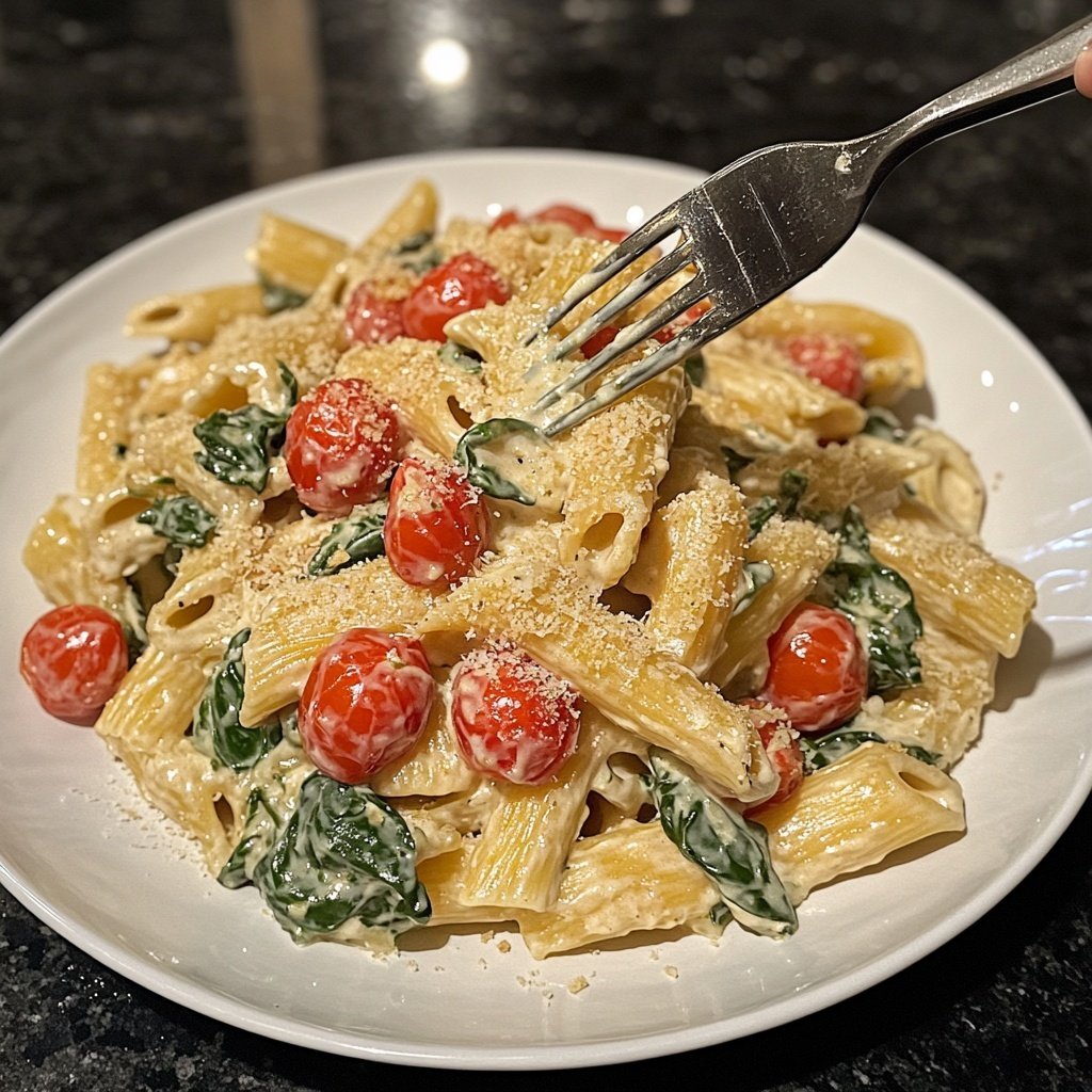 One-Pot Pasta mit Tomaten & Spinat